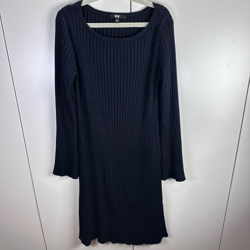 Uniqlo Womens S Long Sleeve Sweater Dress Navy Quiet Luxury Ribbed Midi